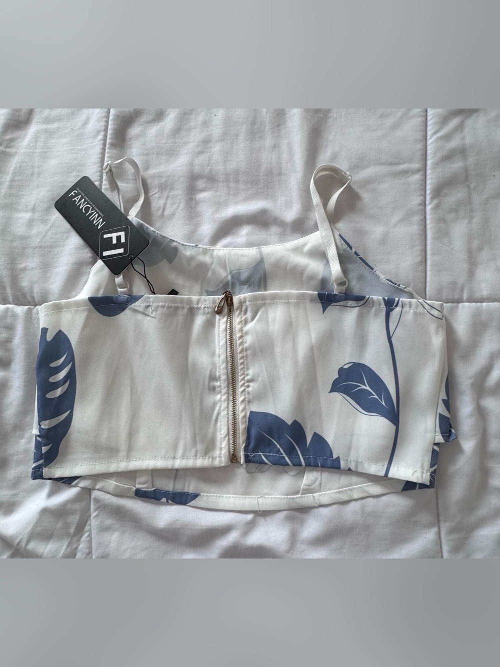 Fancyinn White Two-Piece - Straight Leg Pants Set with Blue Leaf Print - Picture 11 of 15